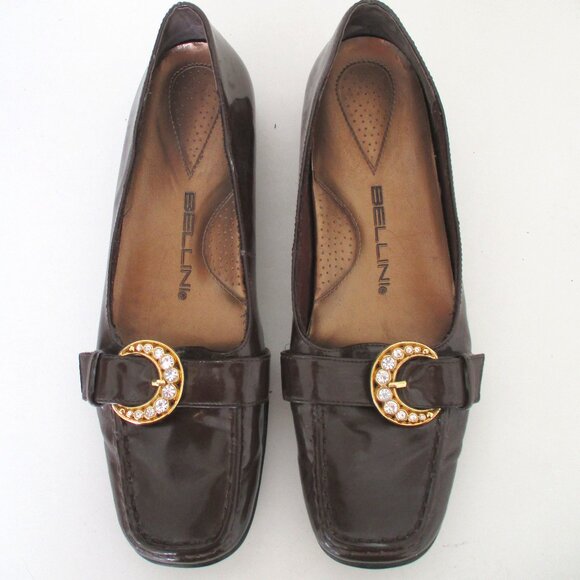 Bellini Womens Faux Chocolate Patent Leather w/Bling Flat Loafer - Size 8M - Picture 1 of 10